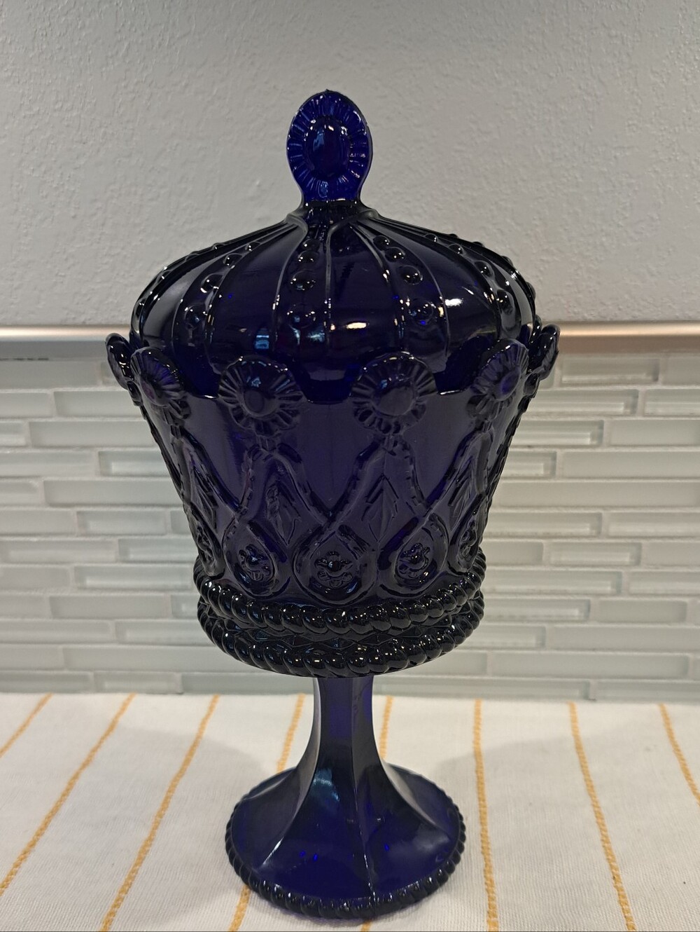Vtg Fostoria Royal Hapsburg CROWN Cobalt Blue Chalice & Lid Candy Dish 10"